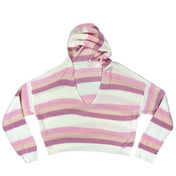 Pink Lily Hoodie Womens Sz M Pink White Striped Pull Over Knit Oversized Sweater - Picture 1 of 16